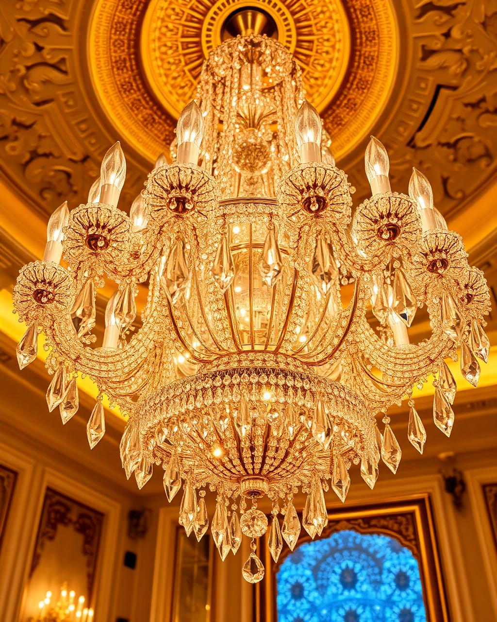 Crystal chandelier under ornate gold ceiling