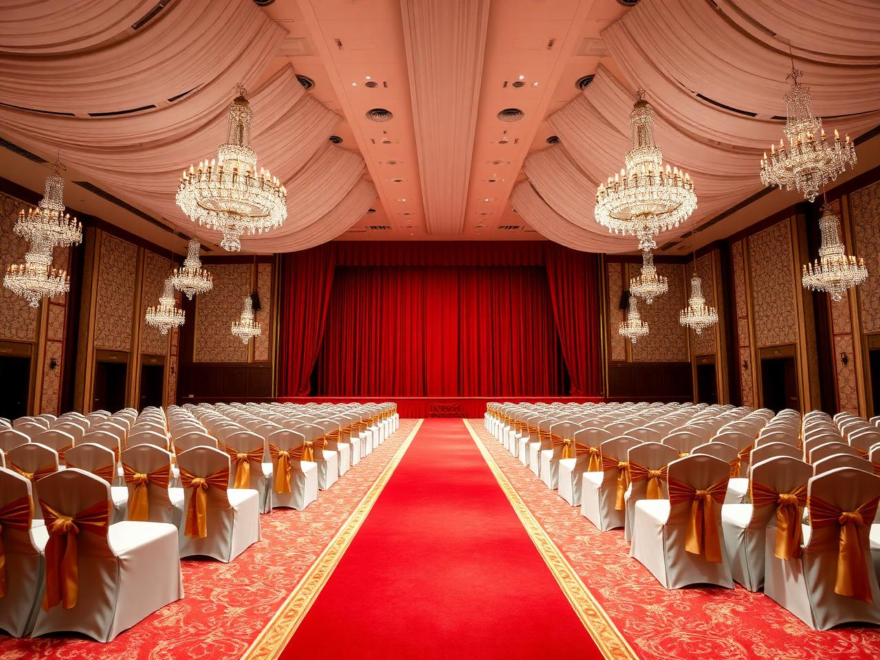 Grand stage with red carpet aisle and chandeliers