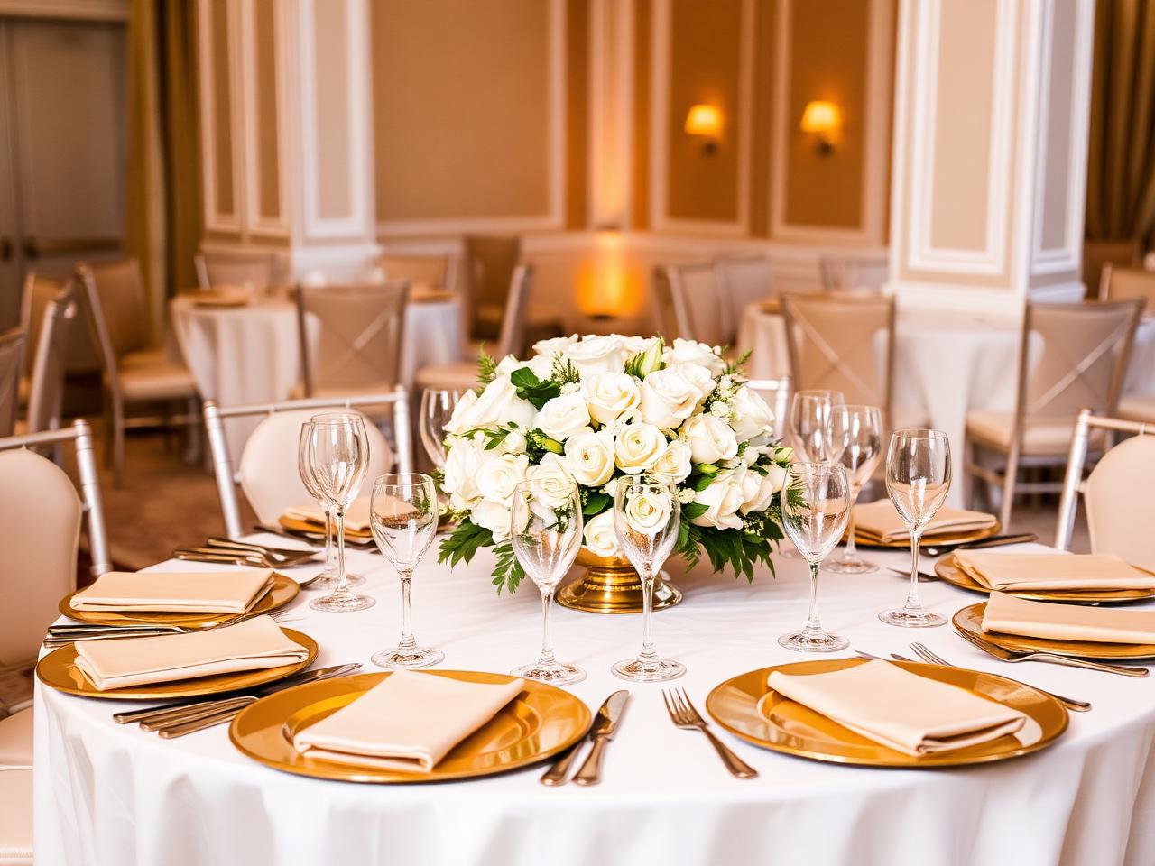 Elegant banquet table arrangement with gold plates